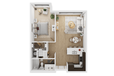 A top-down view of a small apartment with a kitchen, living room, and bedroom  at Spyglass Hill Apartments, Bremerton, 98337